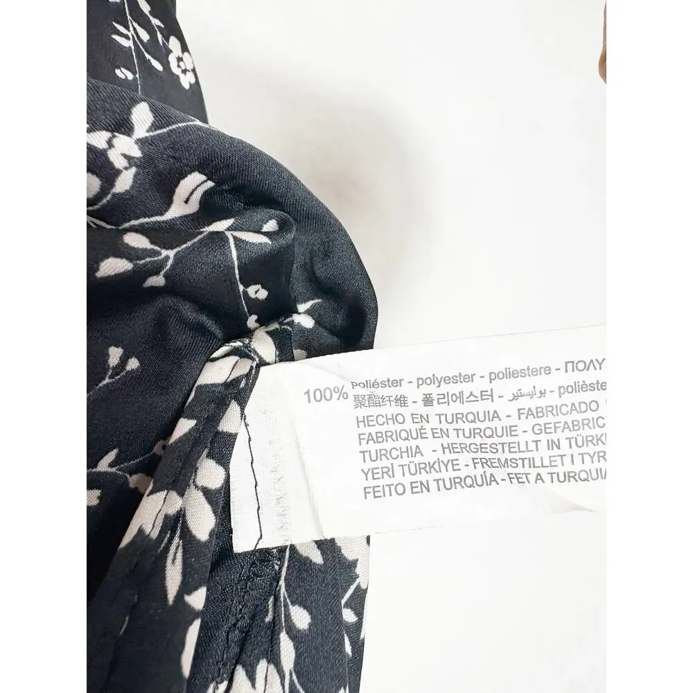 Zara Black Floral Satin Midi Skirt Size Large Side Knot Lightweight 2492/063